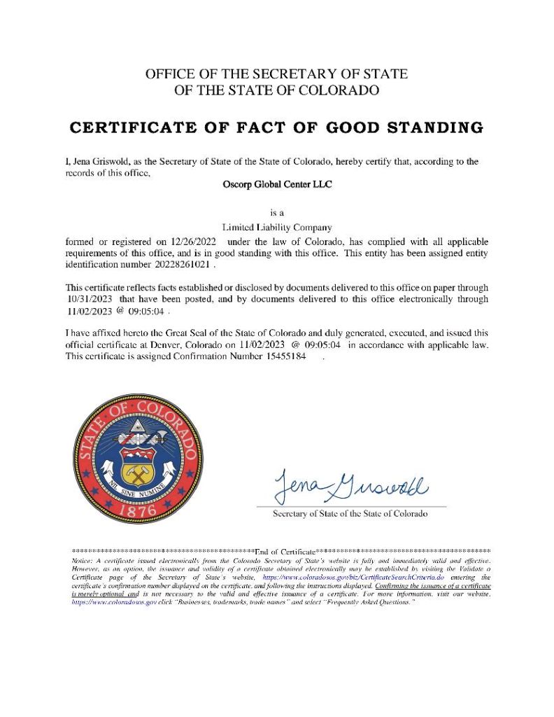 Colorado Certificate of Good Standing - Oscorp Global Center LLC